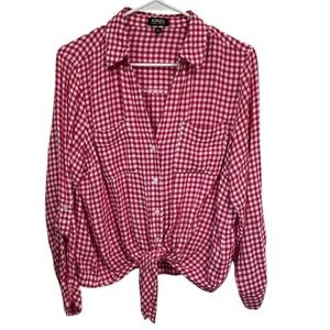 Jones‎ New York Pink Gingham Plaid Roll Tab Sleeve Tie Front Blouse Top - L